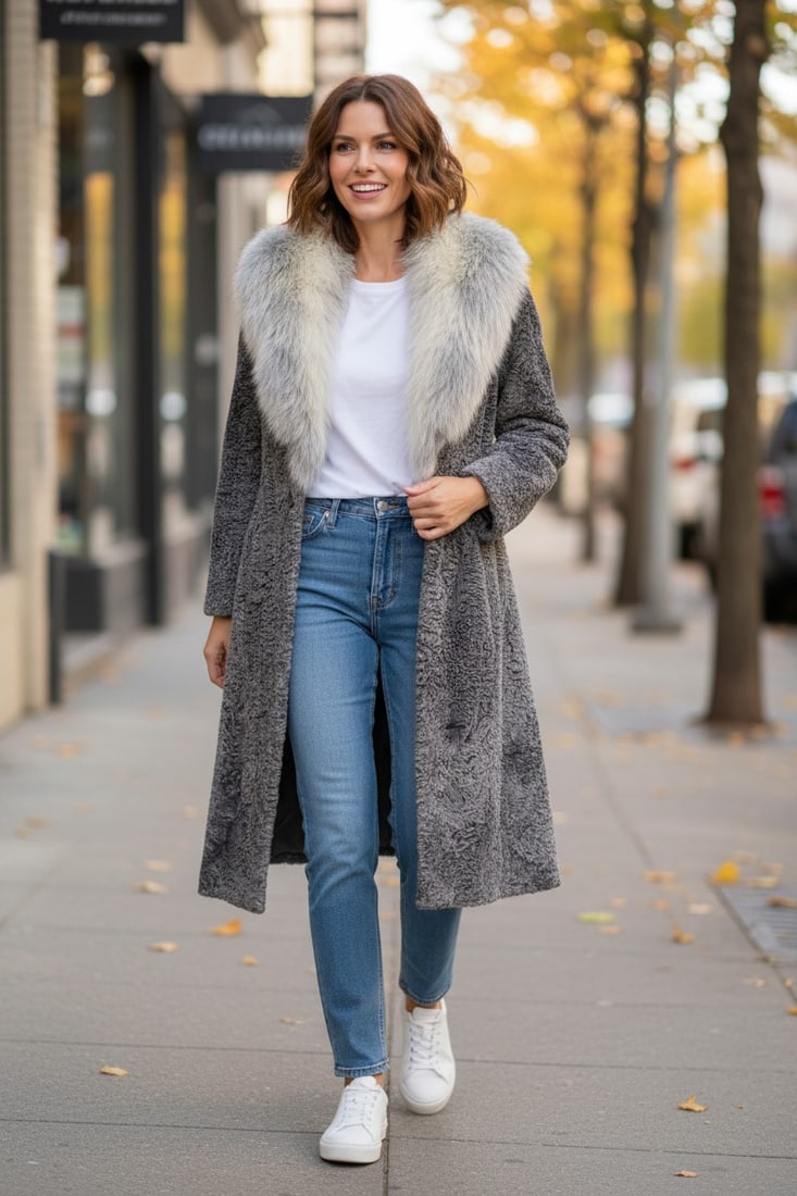 SILVER BROADTAIL PERSIAN & FOX FUR COAT EU: XS ; US: 2: Title: SILVER BROADTAIL PERSIAN & FOX FUR COAT EU: XS ; US: 2 Dimensions: Approximate size- EU: XS; US: 2 : Important details: Length: 115cm/45,28in -Shoulders width:45cm/17,72in -Sleeve Length:60cm/2