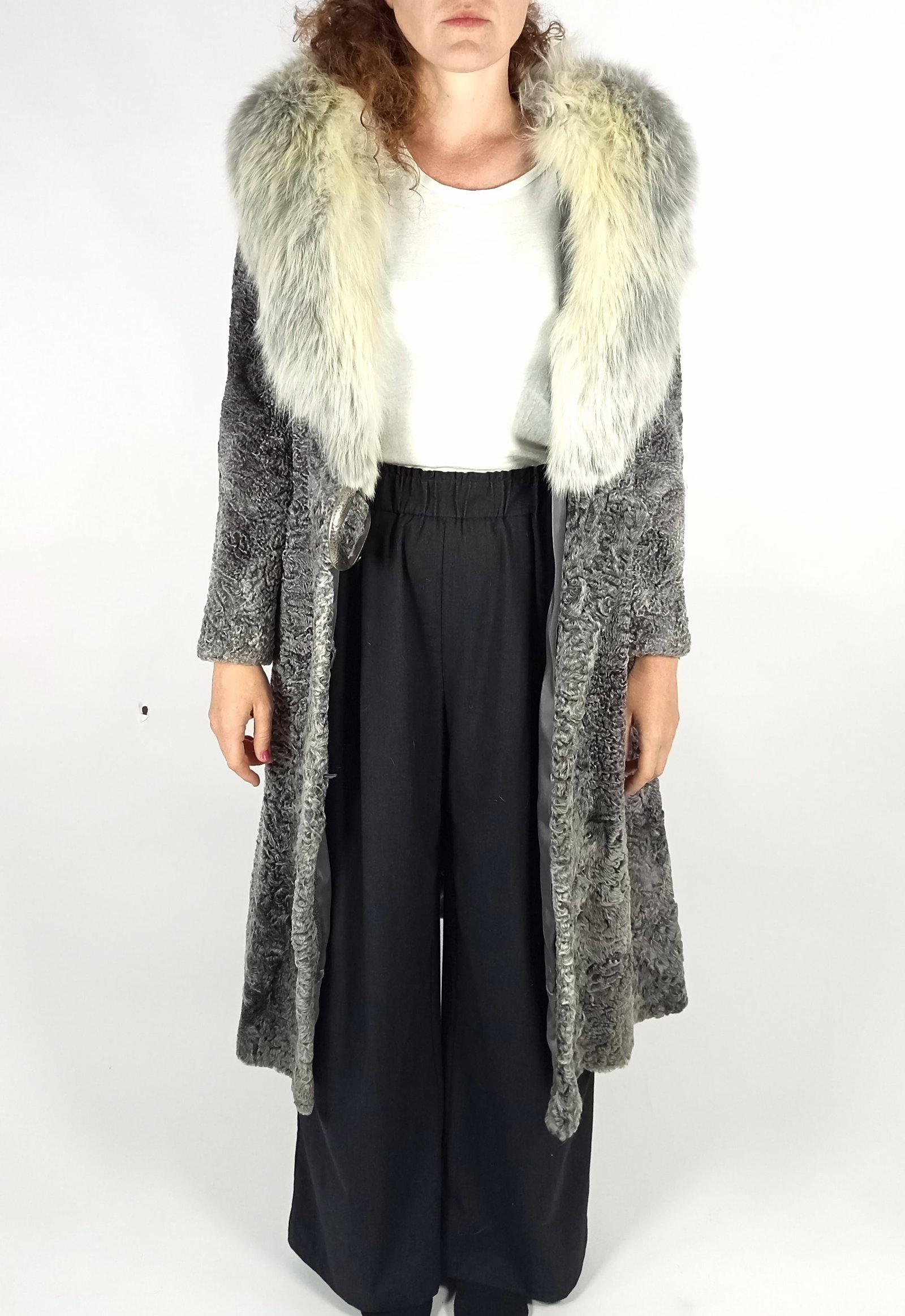 SILVER BROADTAIL PERSIAN & FOX FUR COAT EU: XS ; US: 2 - 2