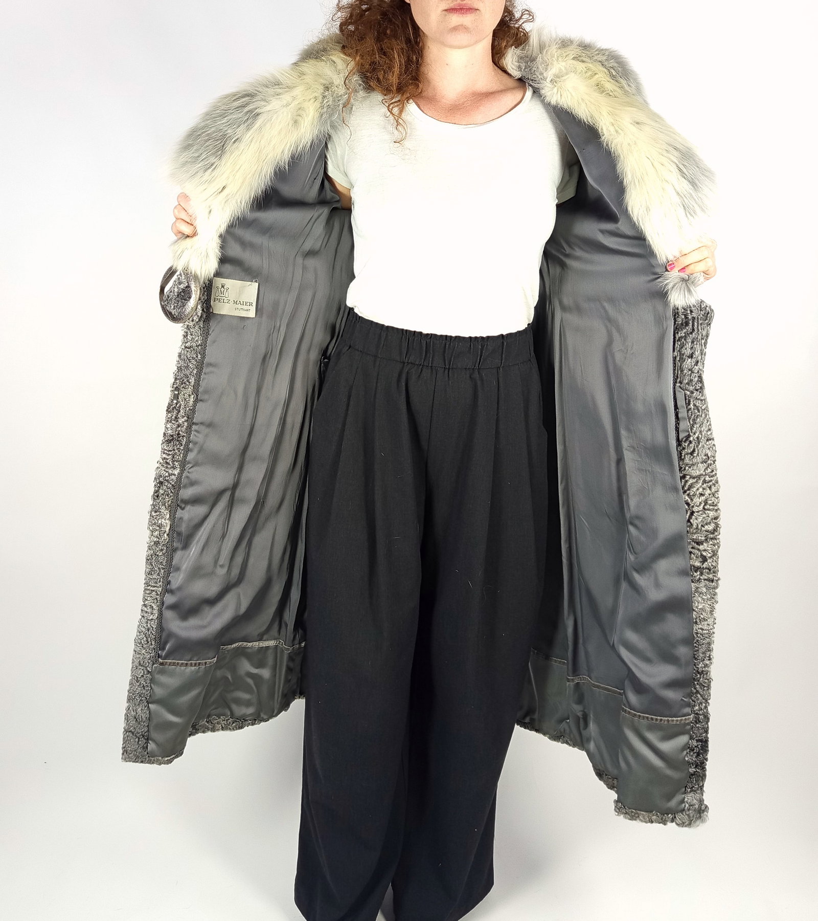 SILVER BROADTAIL PERSIAN & FOX FUR COAT EU: XS ; US: 2 - 7