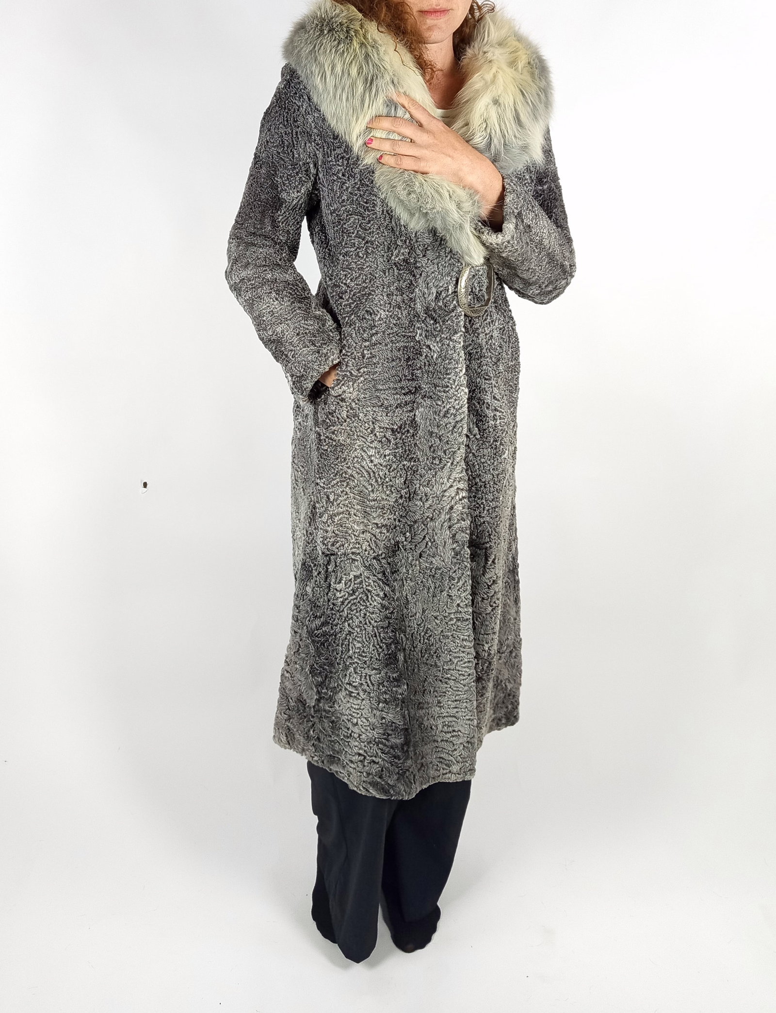 SILVER BROADTAIL PERSIAN & FOX FUR COAT EU: XS ; US: 2 - 9