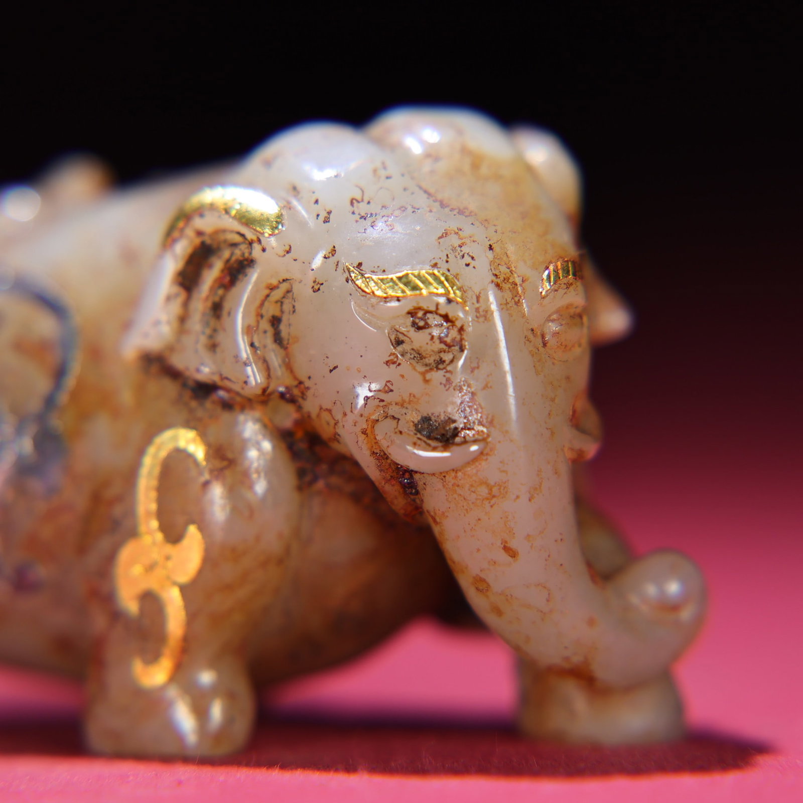 Old Hetian Jade Inlay Gold Silver Elephant Statue - 2