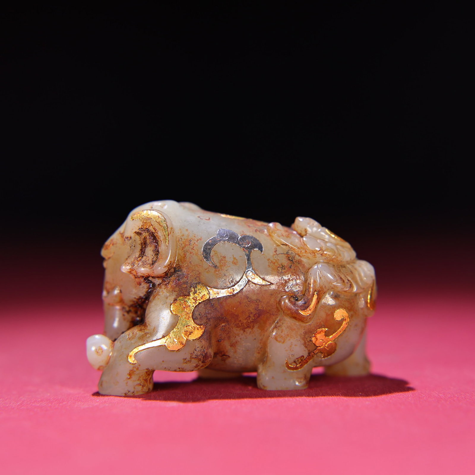 Old Hetian Jade Inlay Gold Silver Elephant Statue - 3