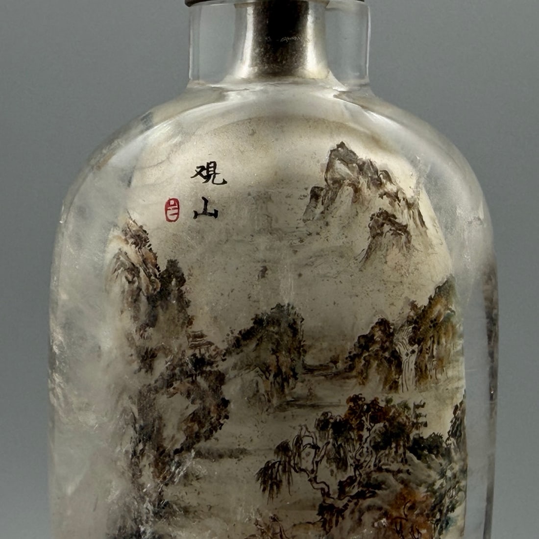 Vintage Crystal Inside Painting Mountain River Scene Design Snuff Bottle w Stopper - 2