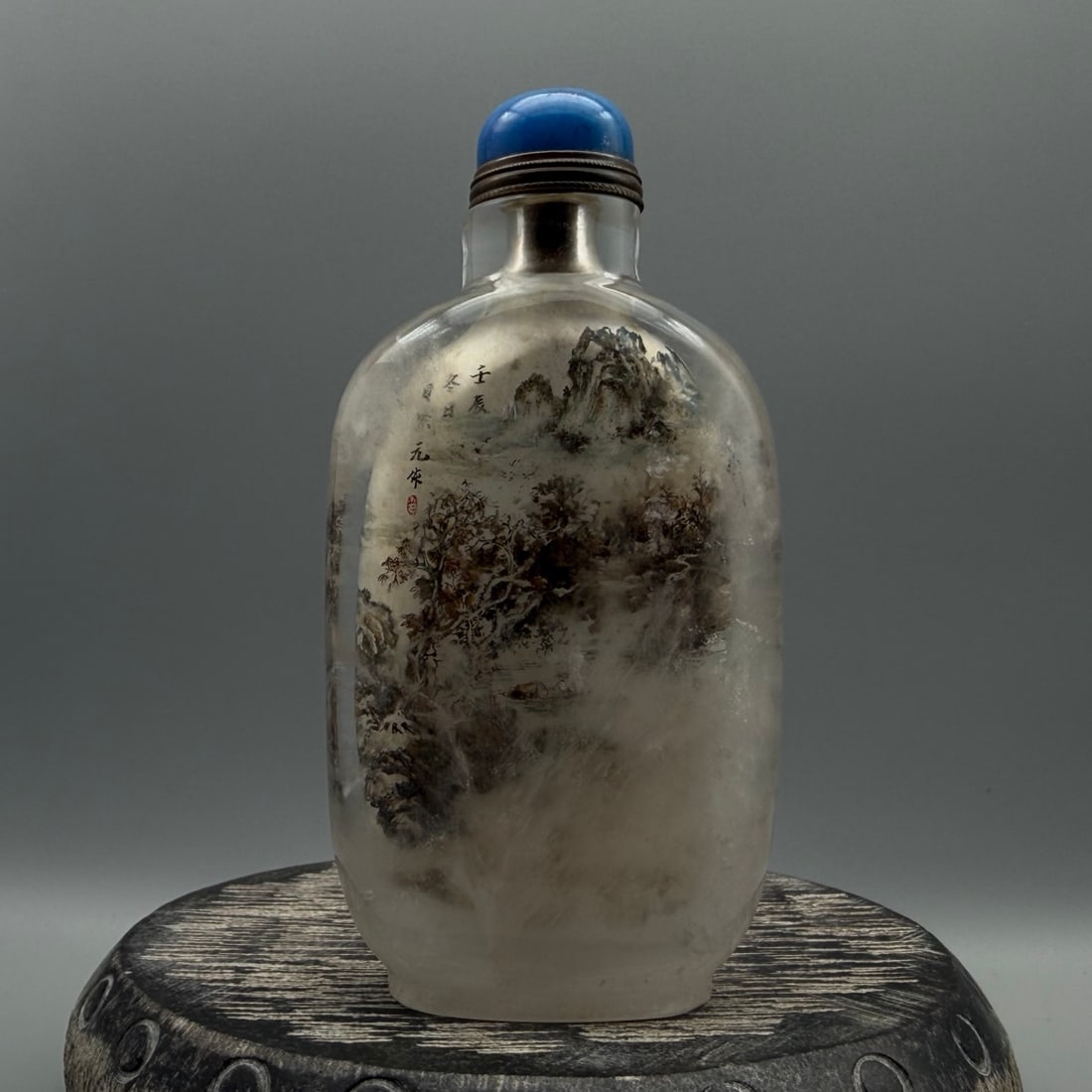 Vintage Crystal Inside Painting Mountain River Scene Design Snuff Bottle w Stopper - 5