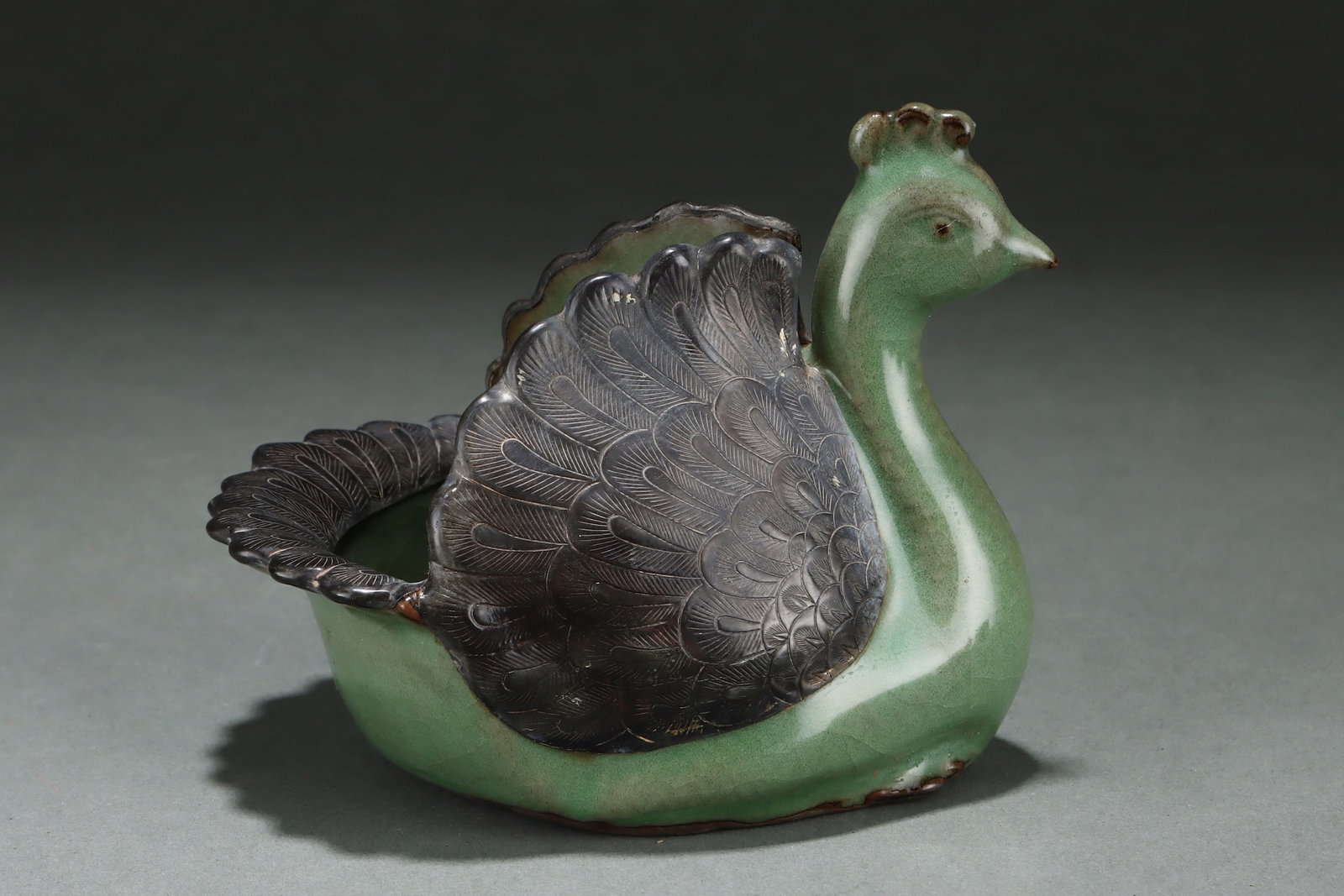 Vintage Guan Kiln Cuiqing Glaze Porcelain Phoenix Brush Washer w Box - 3