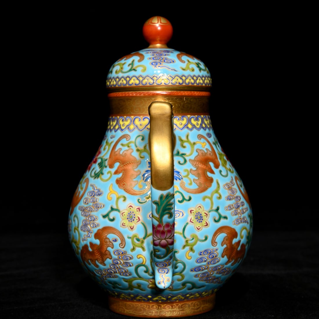 Chinese Gilt Gold Blue Ground Famille Rose Porcelain Teapot w Qianlong Mark - 2