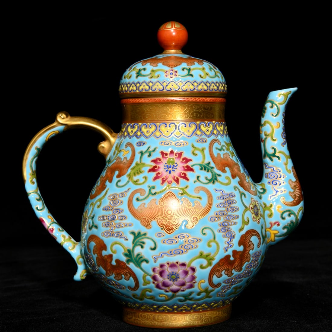 Chinese Gilt Gold Blue Ground Famille Rose Porcelain Teapot w Qianlong Mark - 3