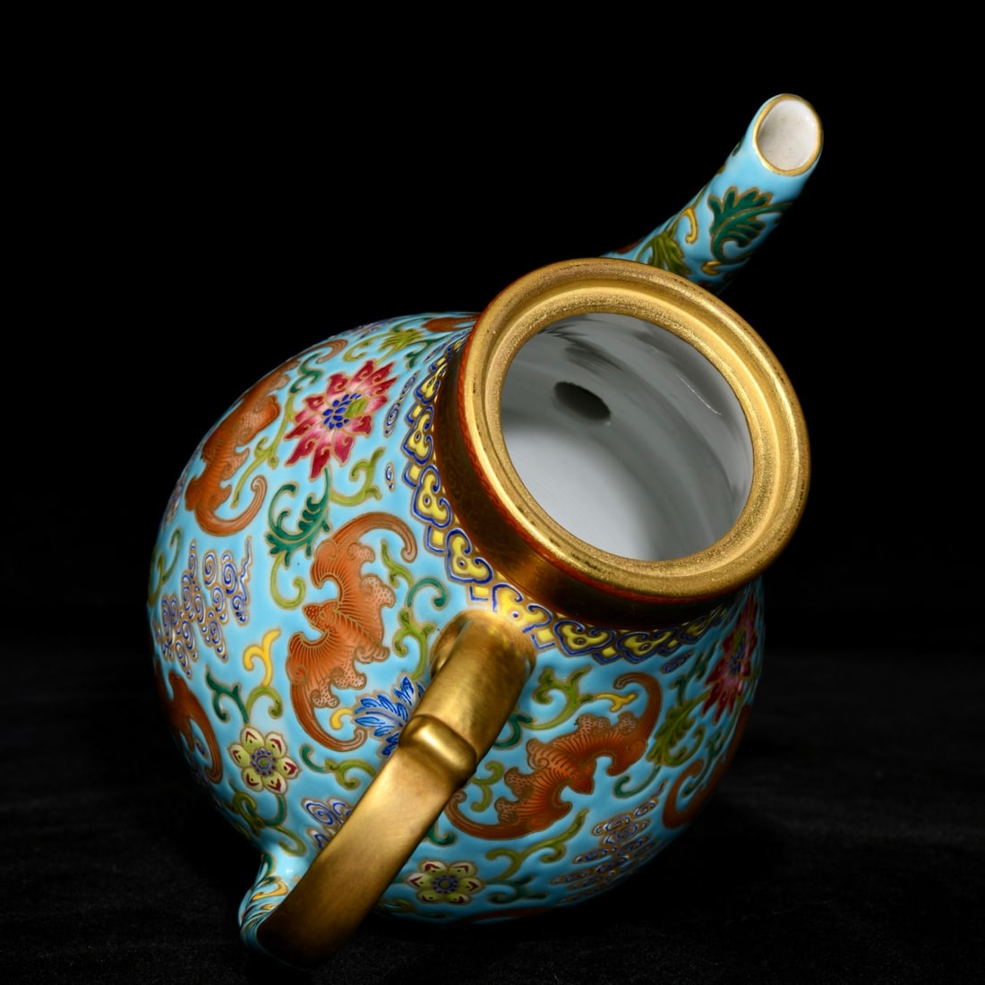 Chinese Gilt Gold Blue Ground Famille Rose Porcelain Teapot w Qianlong Mark - 4