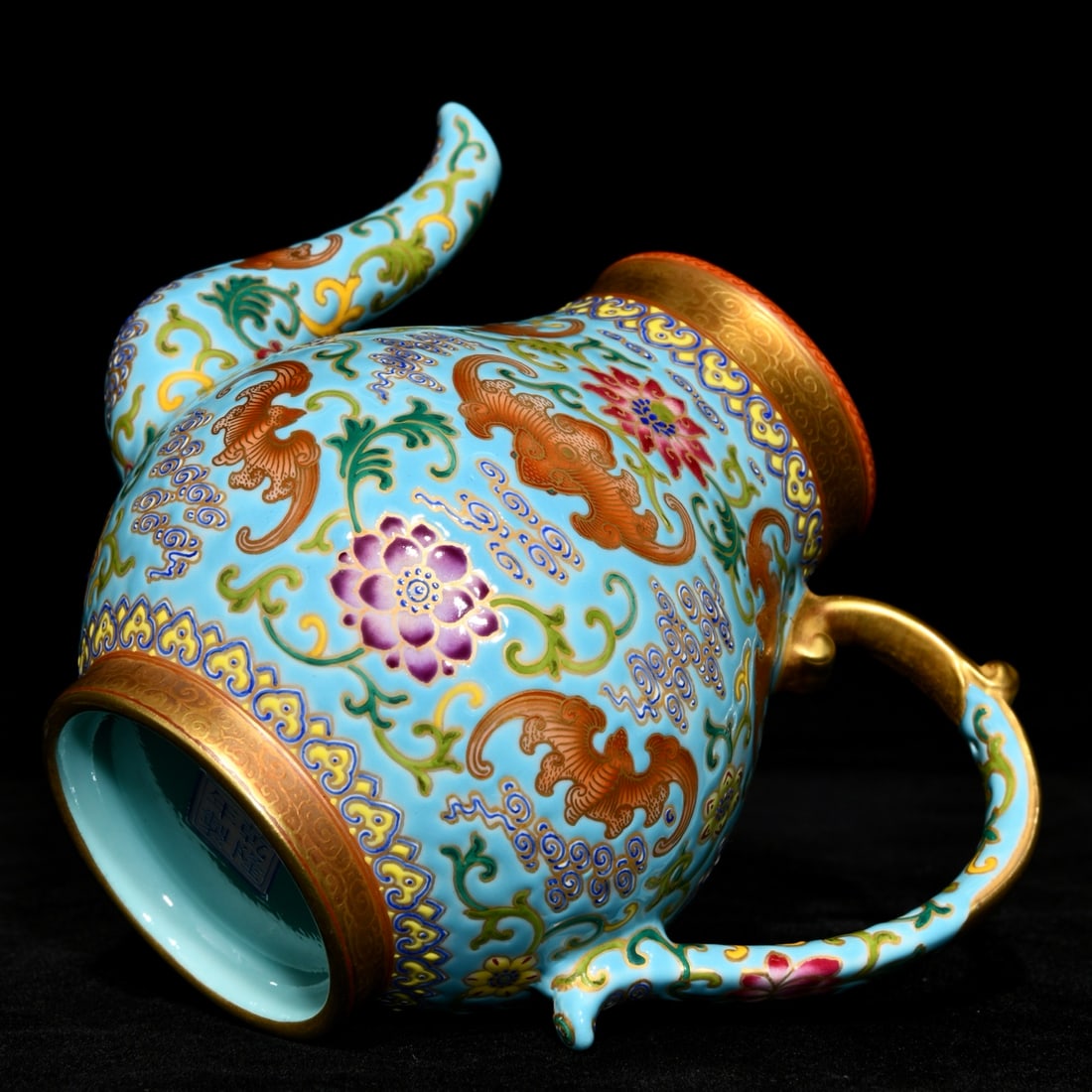 Chinese Gilt Gold Blue Ground Famille Rose Porcelain Teapot w Qianlong Mark - 5