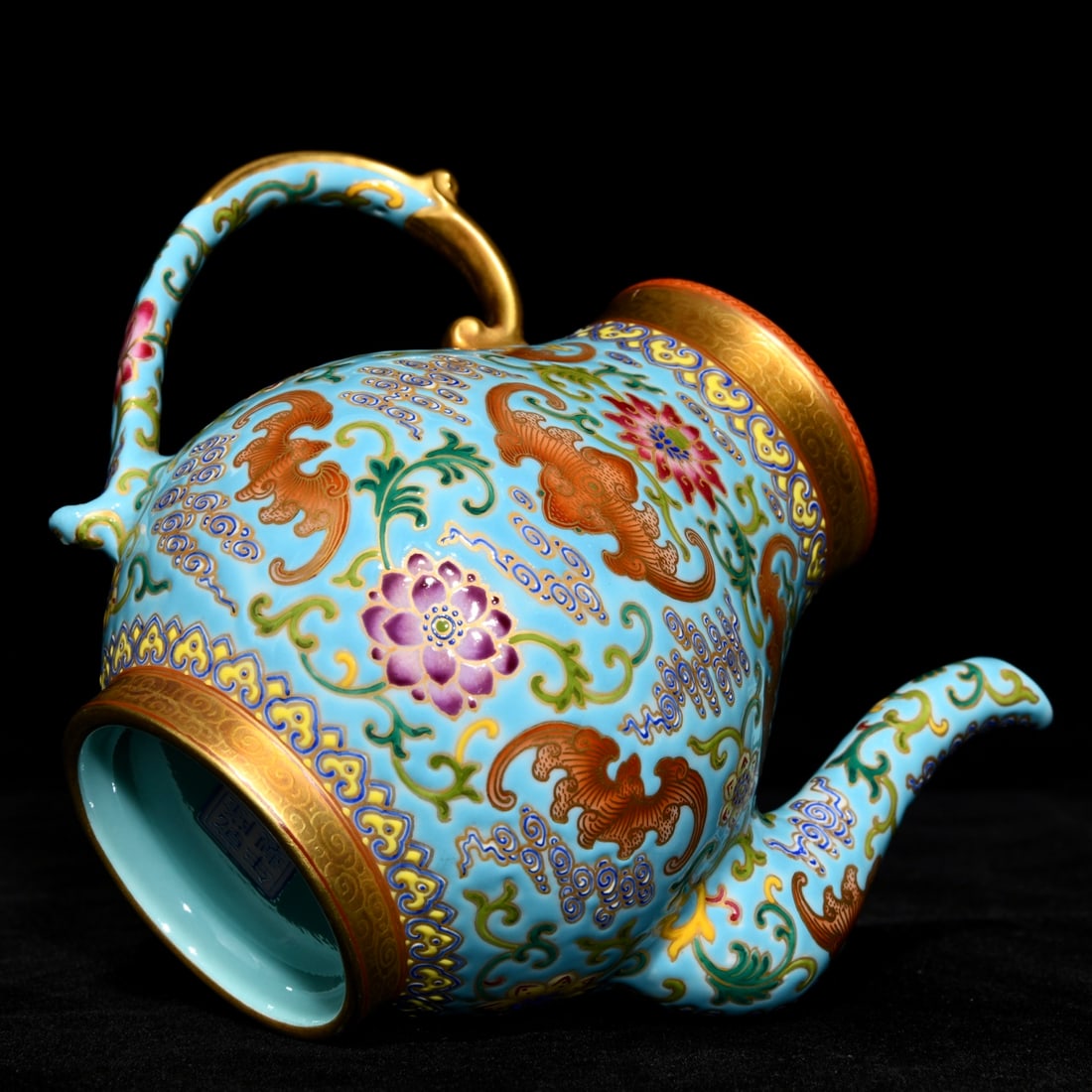 Chinese Gilt Gold Blue Ground Famille Rose Porcelain Teapot w Qianlong Mark - 6