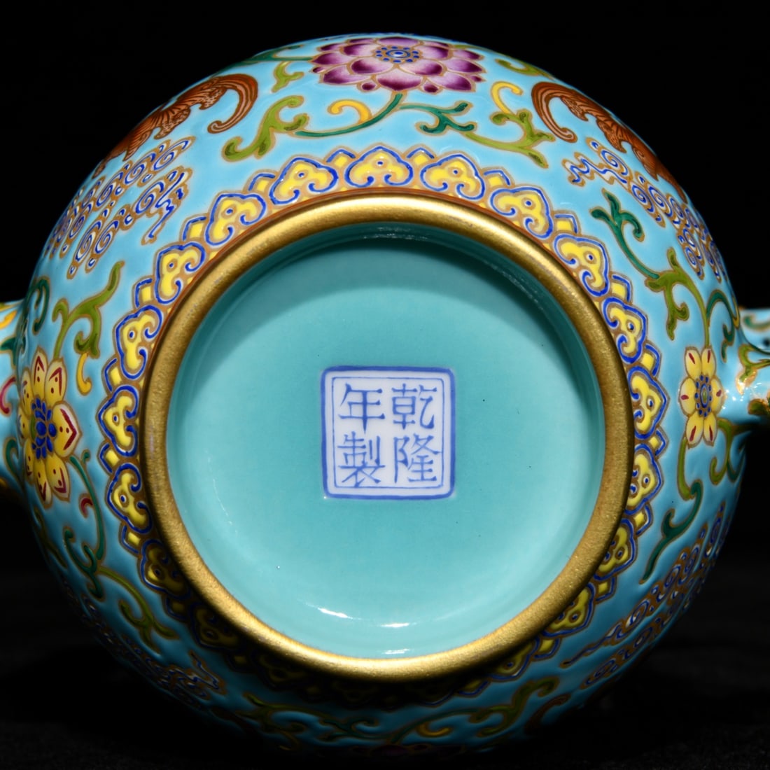 Chinese Gilt Gold Blue Ground Famille Rose Porcelain Teapot w Qianlong Mark - 9