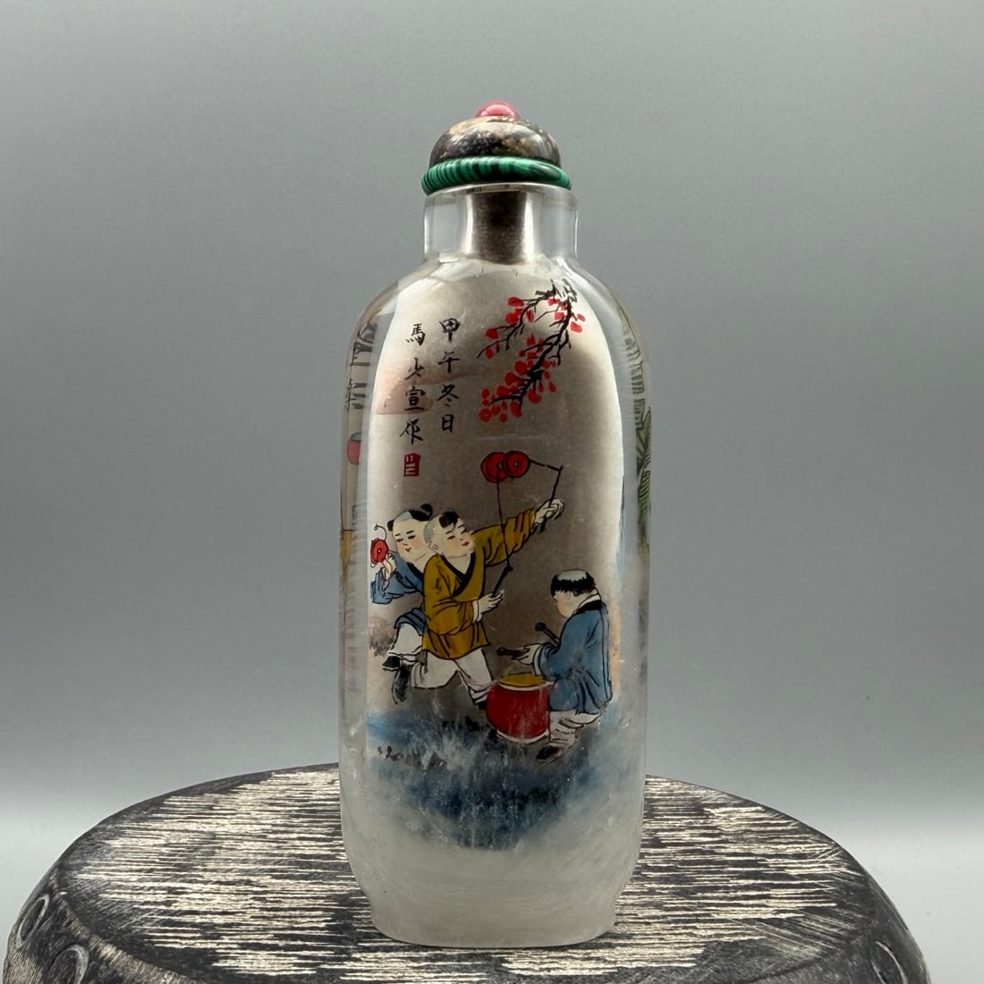 Old Crystal Inside Painting Kids Design Snuff Bottle w Stopper (1 of 9)