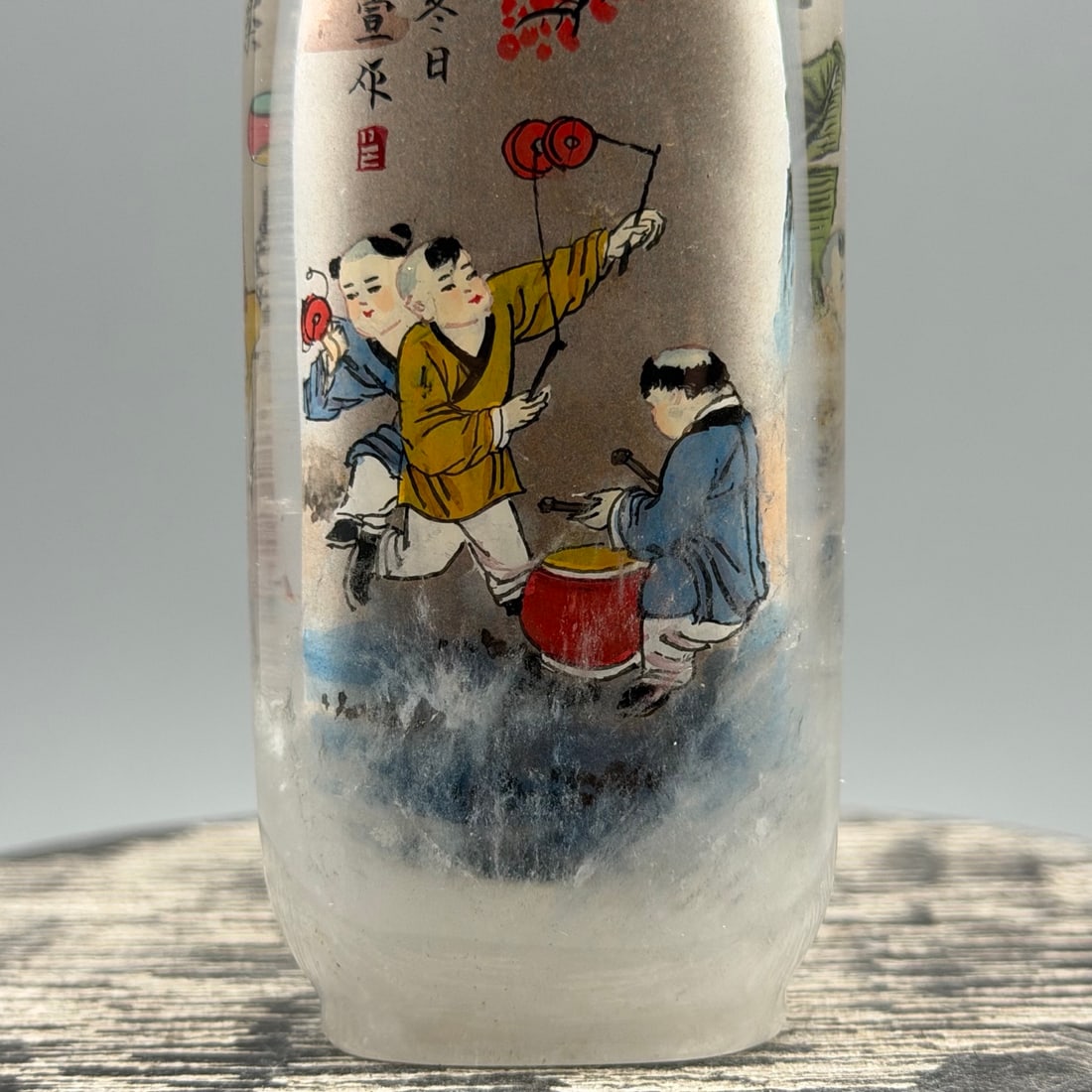Old Crystal Inside Painting Kids Design Snuff Bottle w Stopper - 3