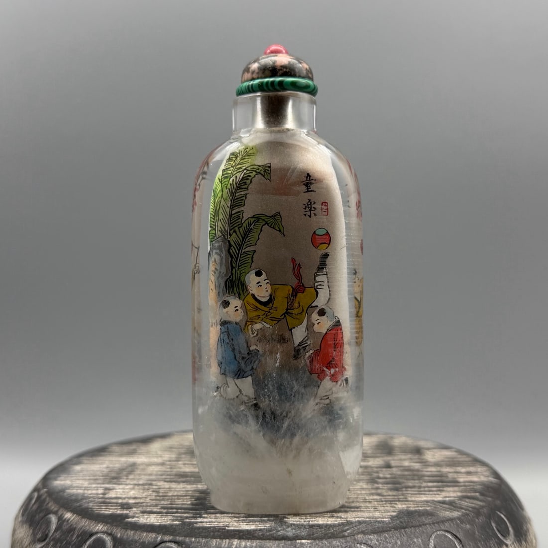 Old Crystal Inside Painting Kids Design Snuff Bottle w Stopper - 5