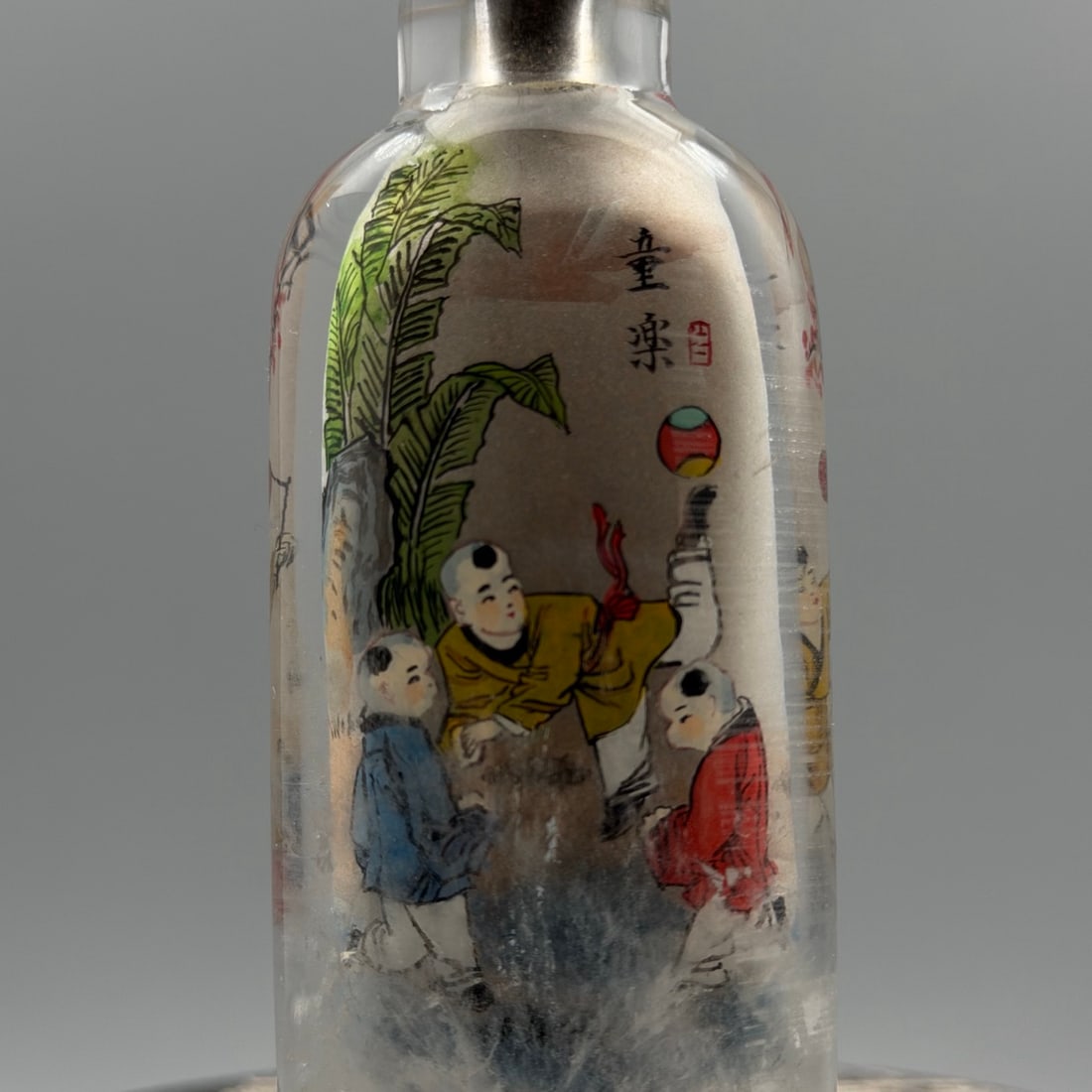 Old Crystal Inside Painting Kids Design Snuff Bottle w Stopper - 6
