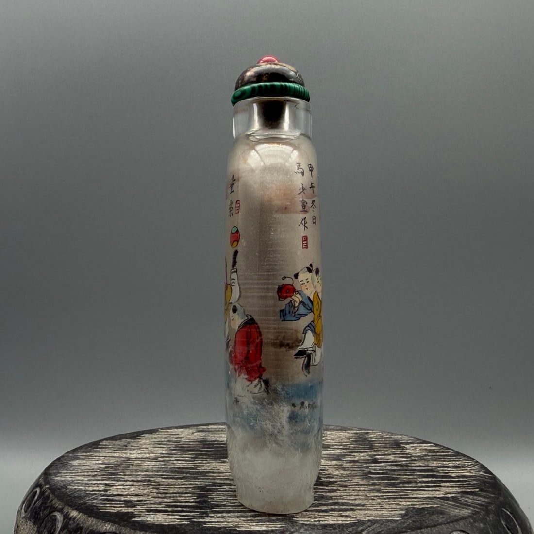 Old Crystal Inside Painting Kids Design Snuff Bottle w Stopper - 7