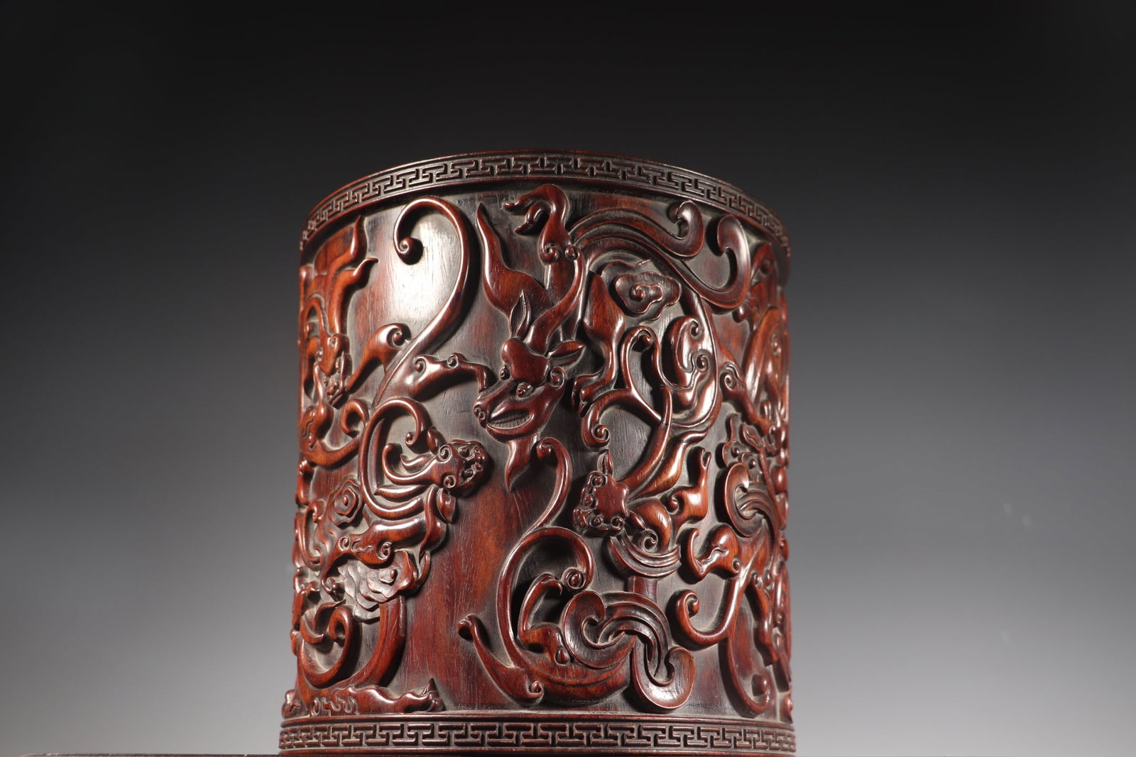 Old Huanghuali Wood Hand Carved Chi Dragon Brush Pot - 2