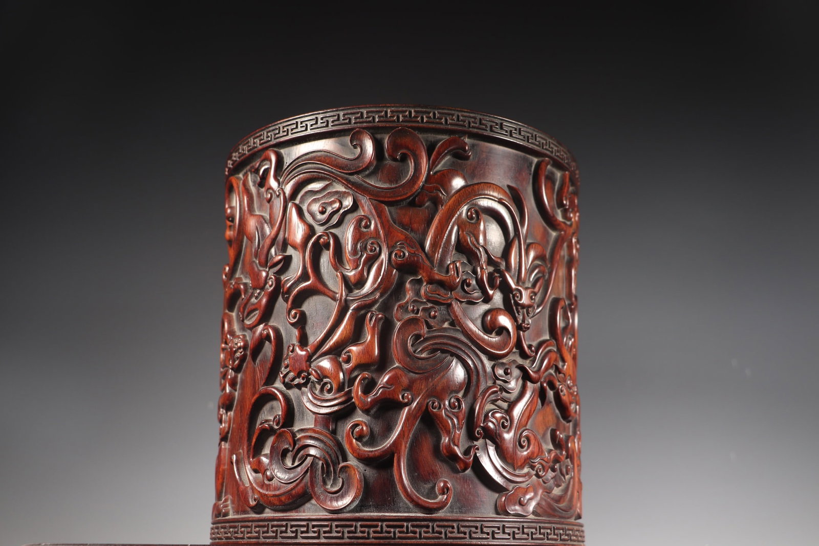 Old Huanghuali Wood Hand Carved Chi Dragon Brush Pot - 3
