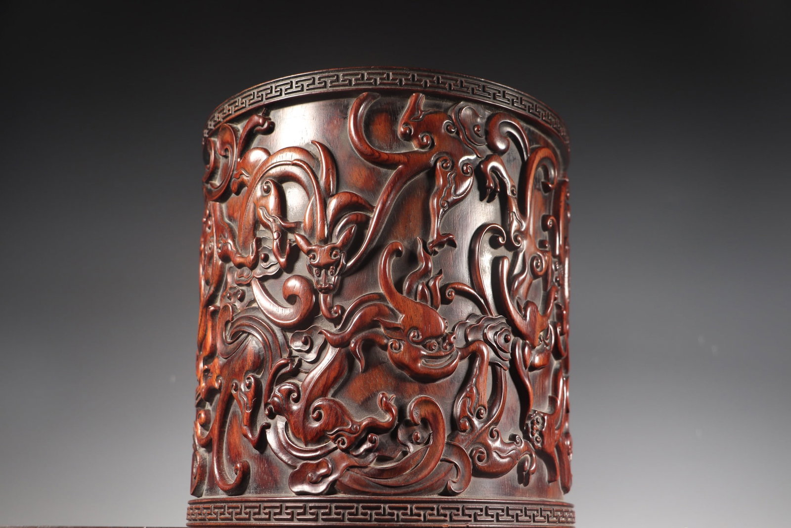Old Huanghuali Wood Hand Carved Chi Dragon Brush Pot - 4