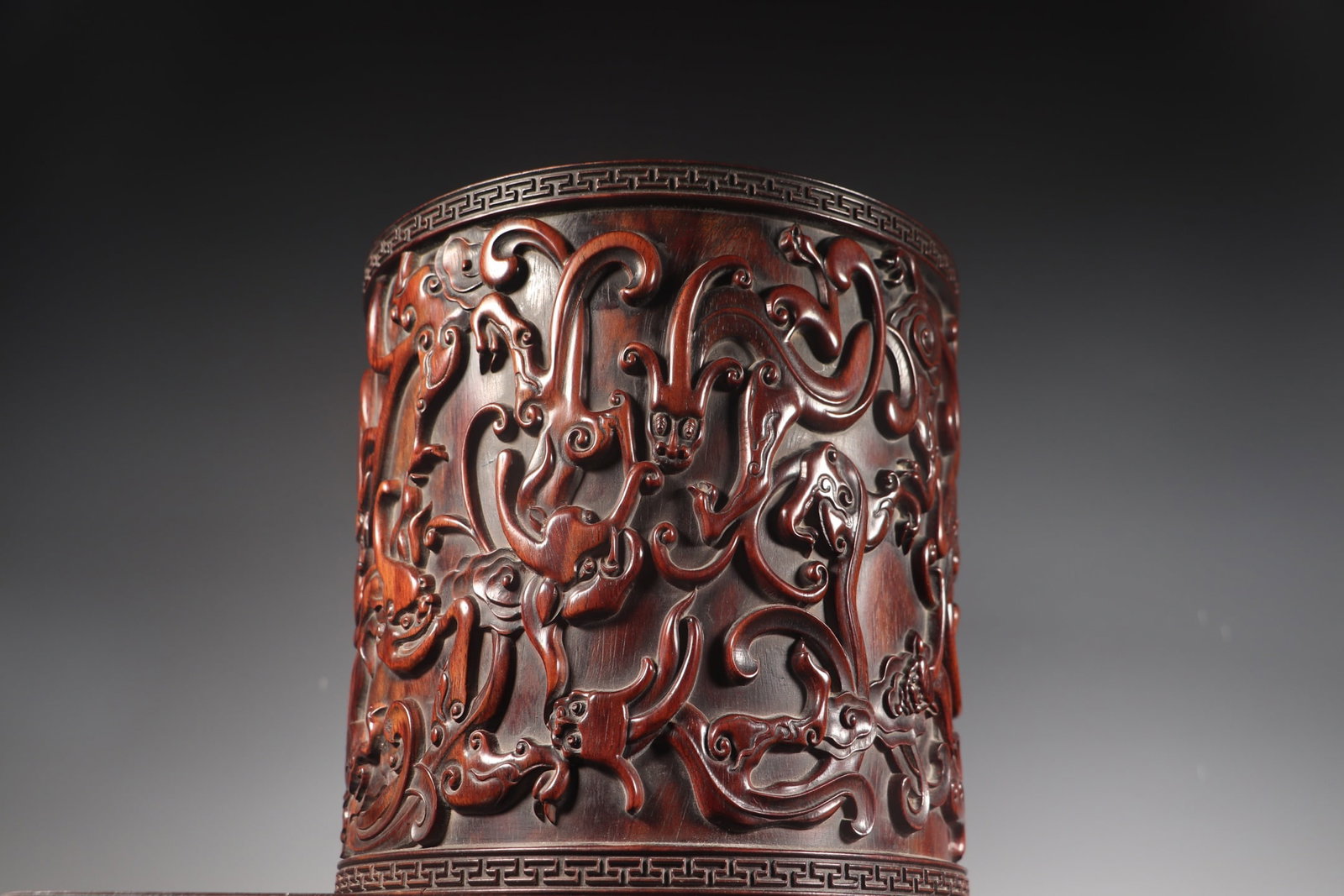 Old Huanghuali Wood Hand Carved Chi Dragon Brush Pot - 5