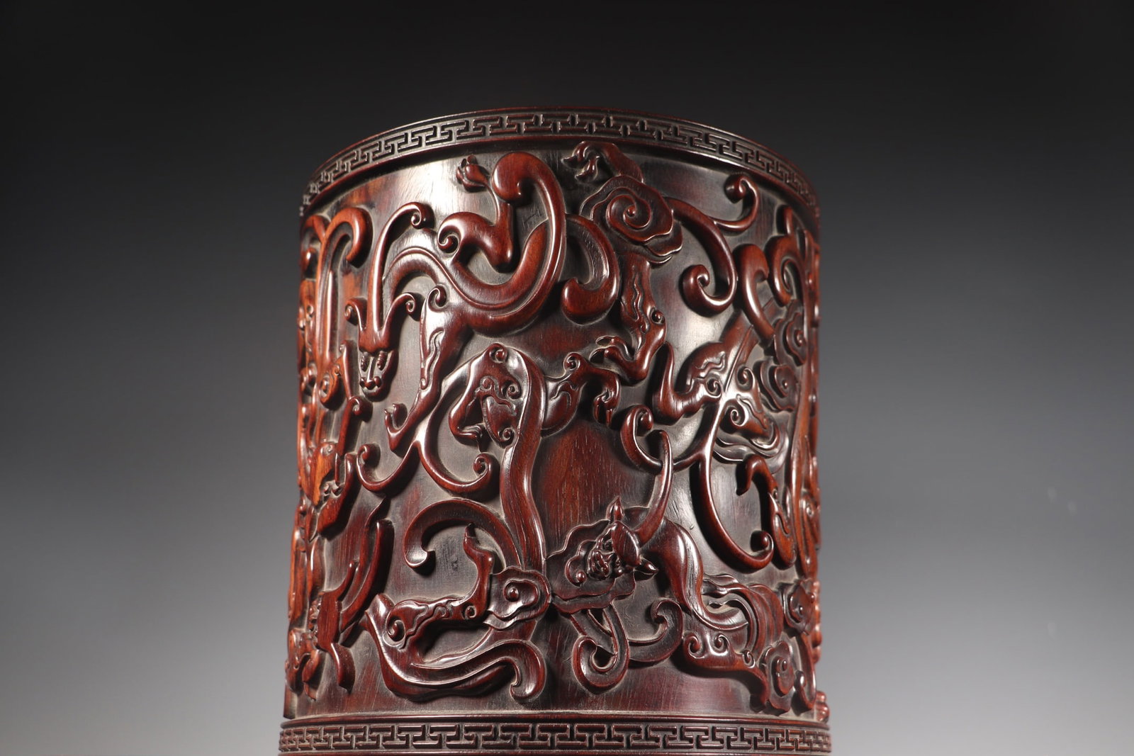 Old Huanghuali Wood Hand Carved Chi Dragon Brush Pot - 6