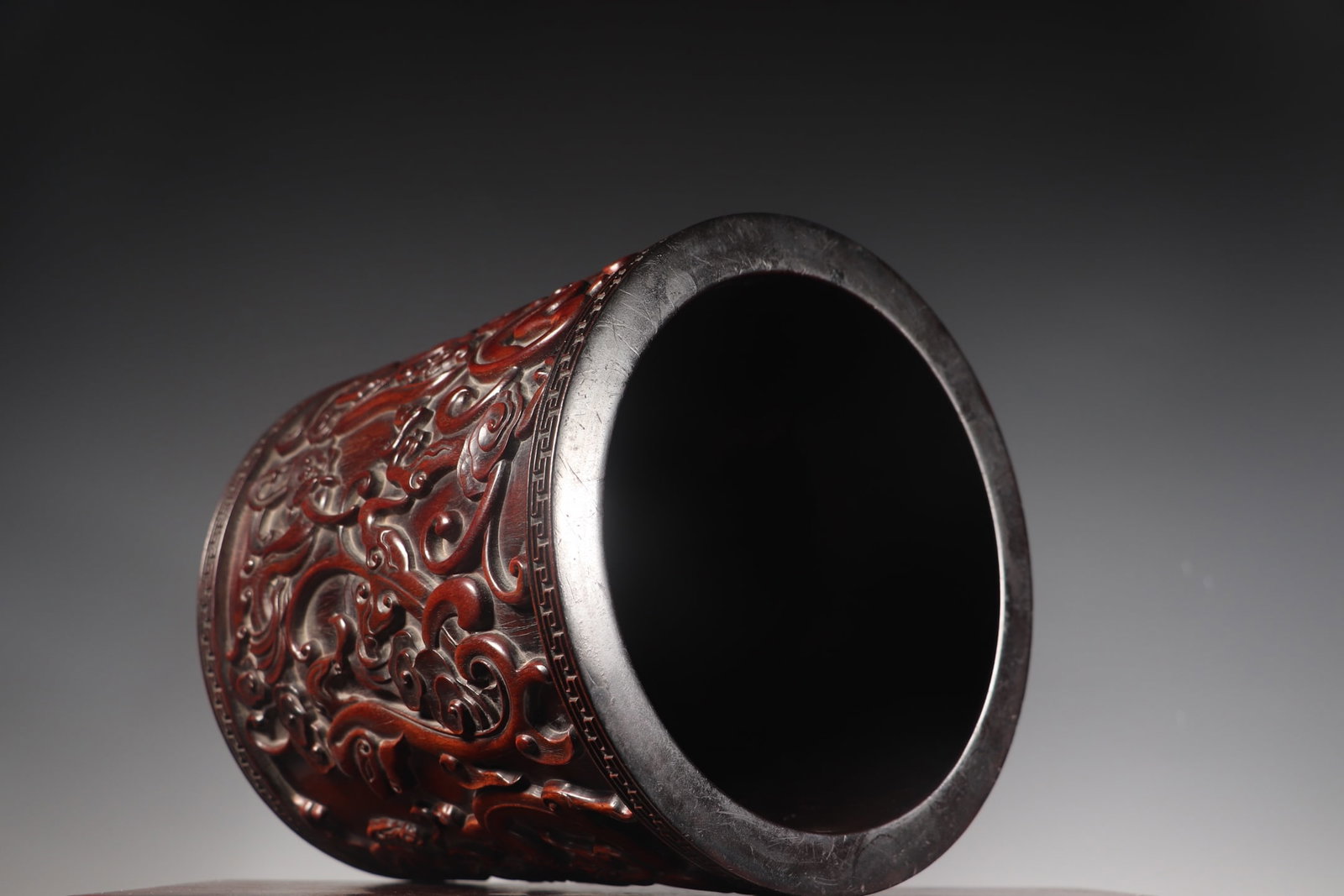 Old Huanghuali Wood Hand Carved Chi Dragon Brush Pot - 7