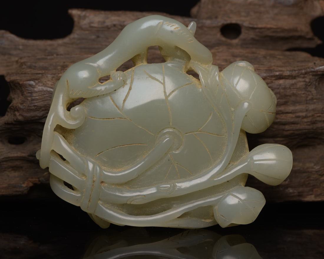 Vintage Hetian Jade Chi Dragon Lotus Leaf Brush Washer - 2