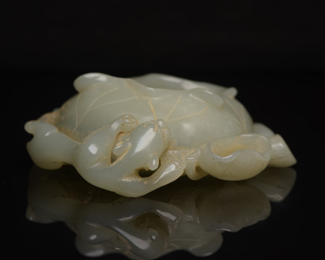 Vintage Hetian Jade Chi Dragon Lotus Leaf Brush Washer - 4