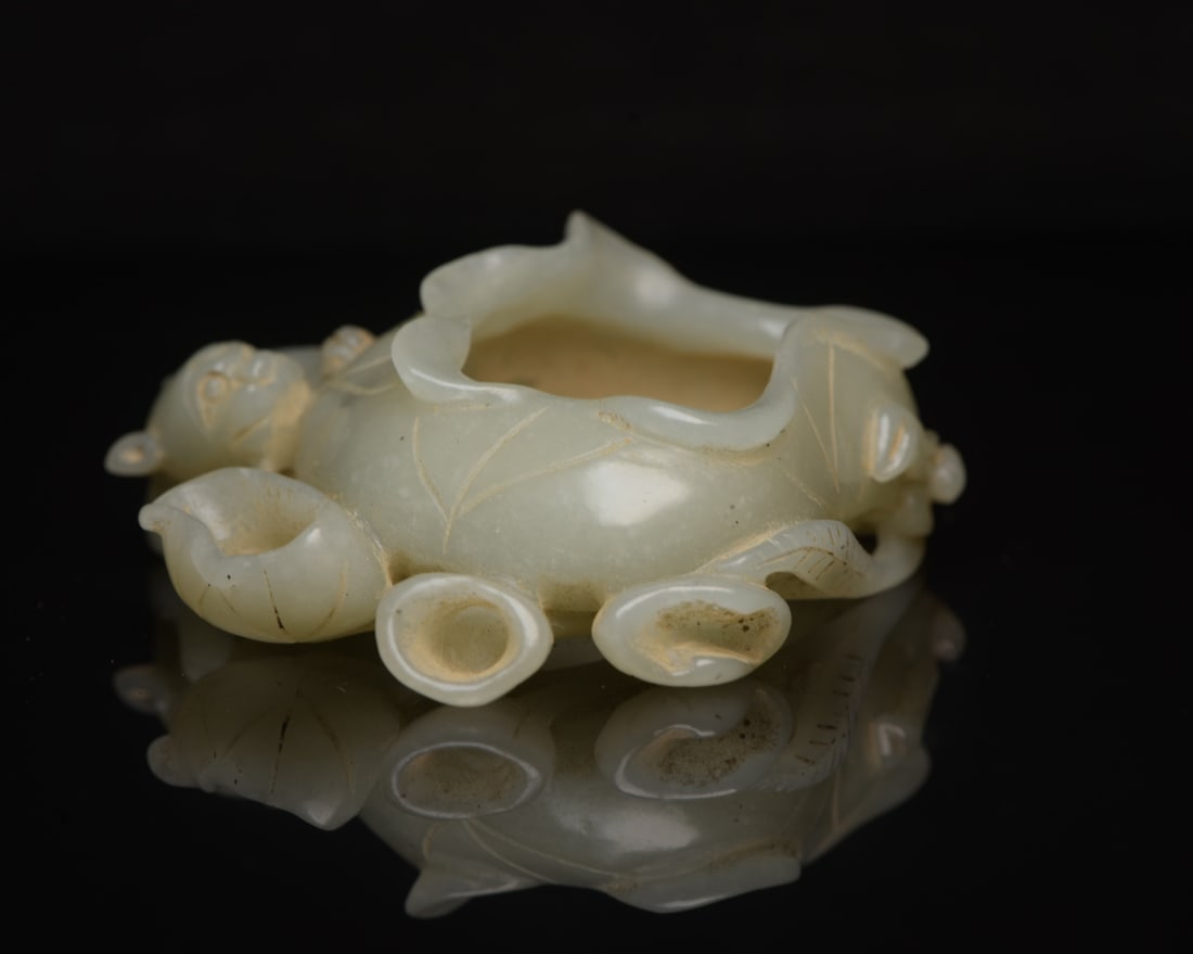 Vintage Hetian Jade Chi Dragon Lotus Leaf Brush Washer - 5