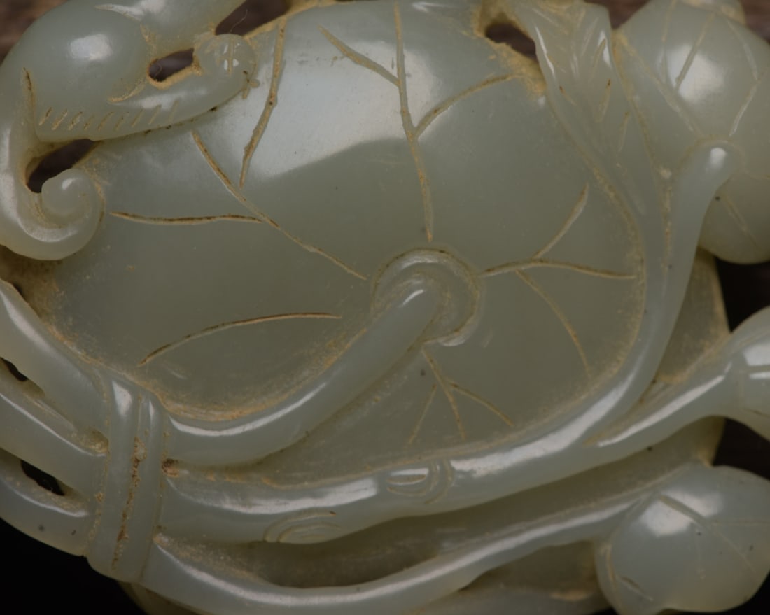 Vintage Hetian Jade Chi Dragon Lotus Leaf Brush Washer - 9