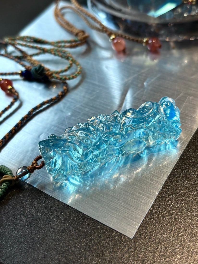 Beautiful Natural Aquamarine Carved Dragon Pendant - 2