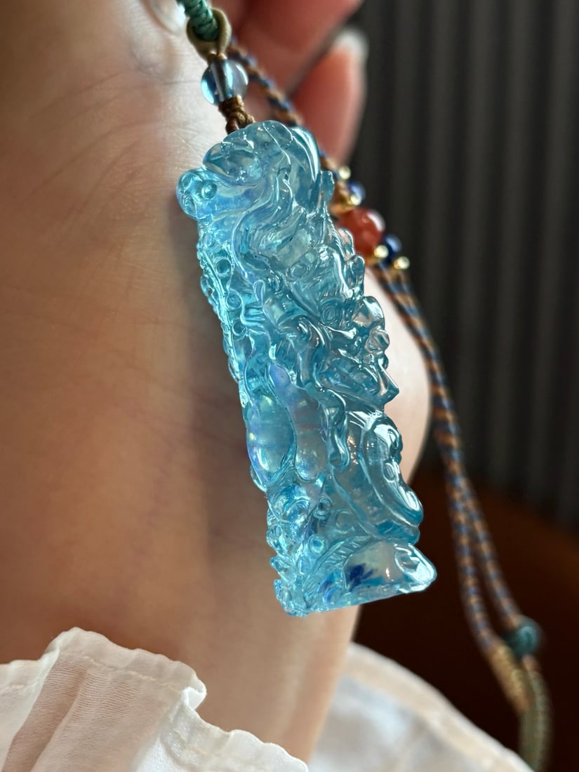 Beautiful Natural Aquamarine Carved Dragon Pendant - 4