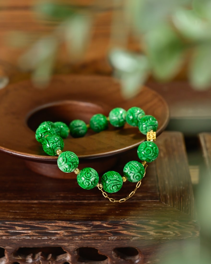 11mm Natural Green Jadeite Beads Bracelet with Certificate - 3