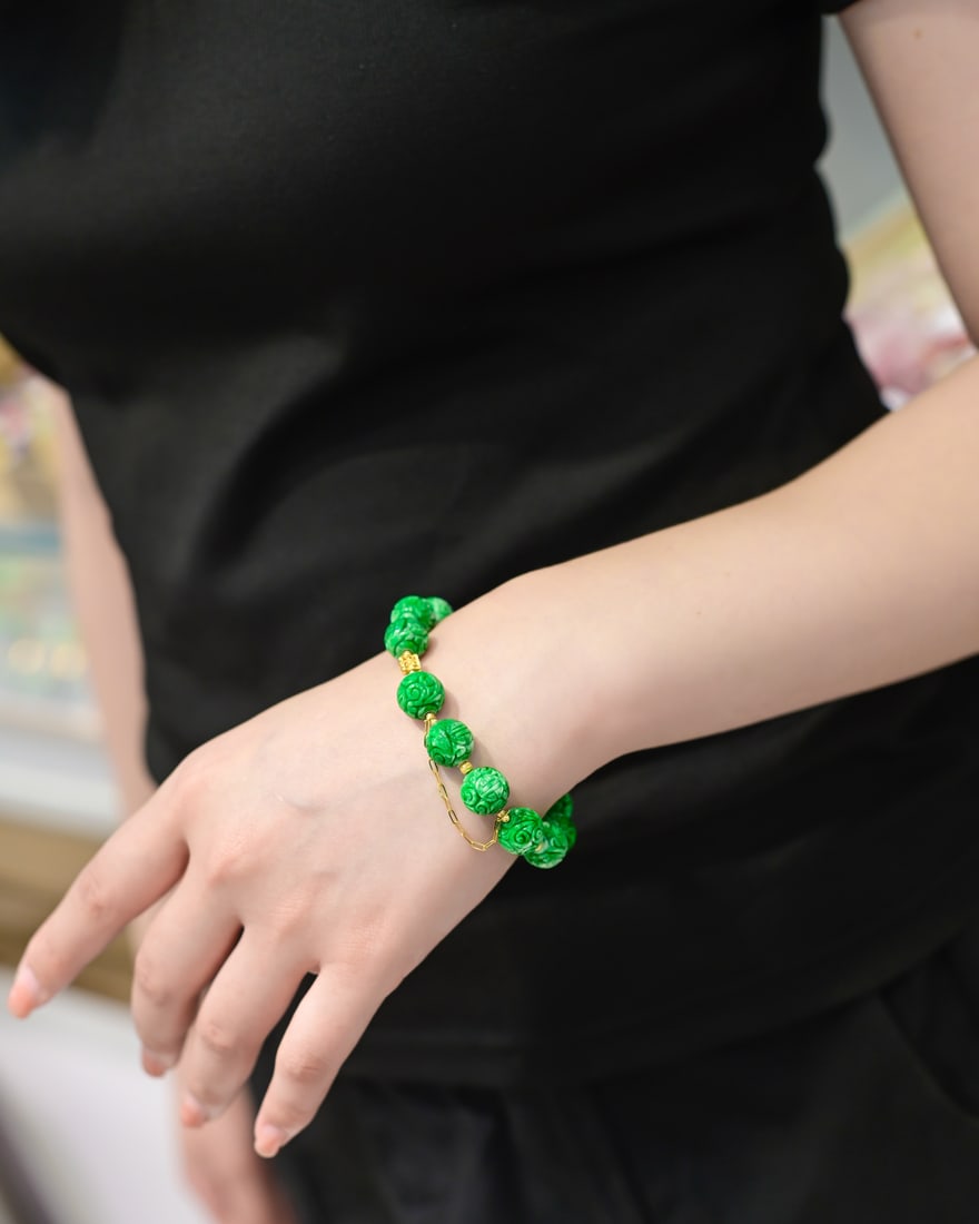 11mm Natural Green Jadeite Beads Bracelet with Certificate - 7