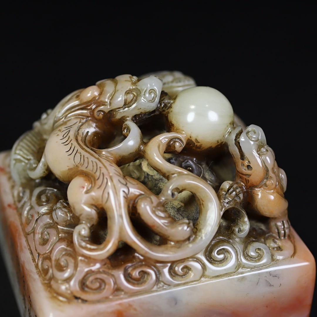 Old Hetian Jade Hand Carved Chi Dragon Seal Statue w Box - 5