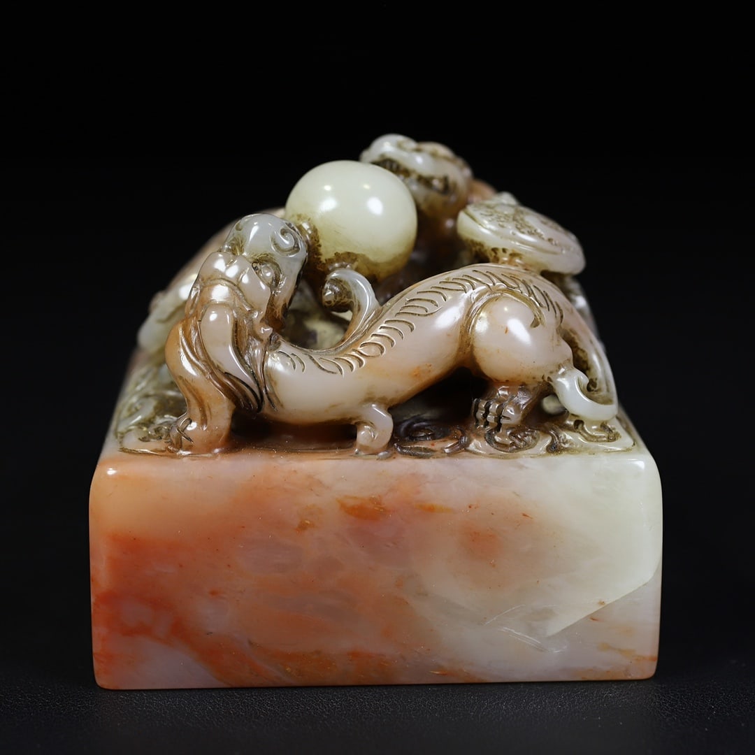 Old Hetian Jade Hand Carved Chi Dragon Seal Statue w Box - 6