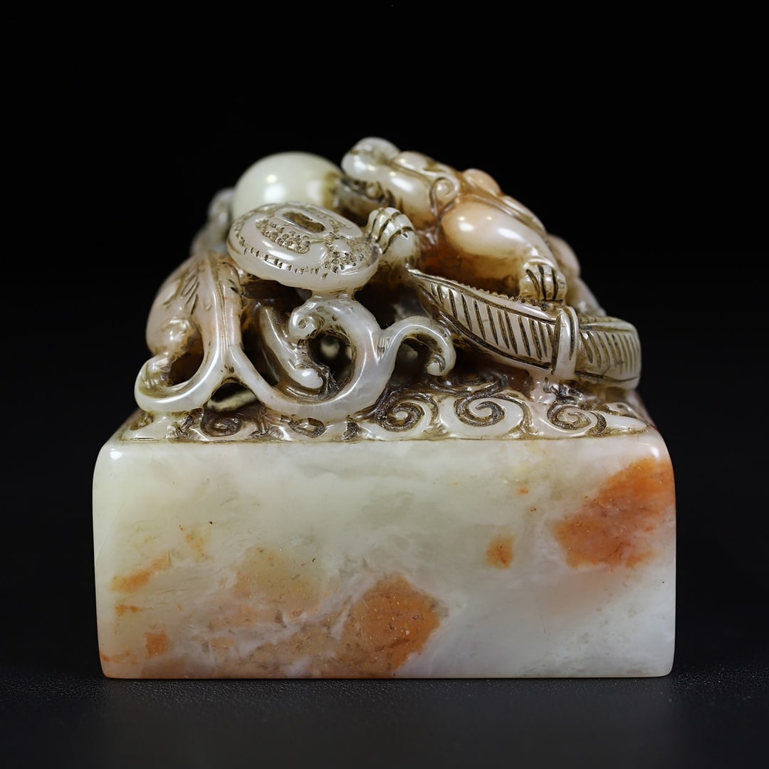 Old Hetian Jade Hand Carved Chi Dragon Seal Statue w Box - 7