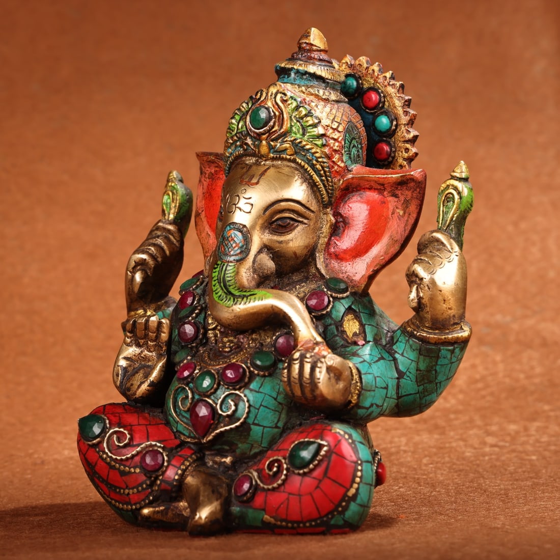 Old Tibetan Gilt Gold Bronze Inlay Turquoise & Gem Ganesha Statue - 2