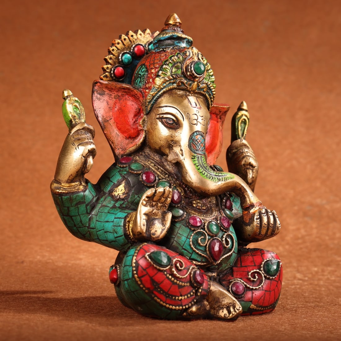 Old Tibetan Gilt Gold Bronze Inlay Turquoise & Gem Ganesha Statue - 3