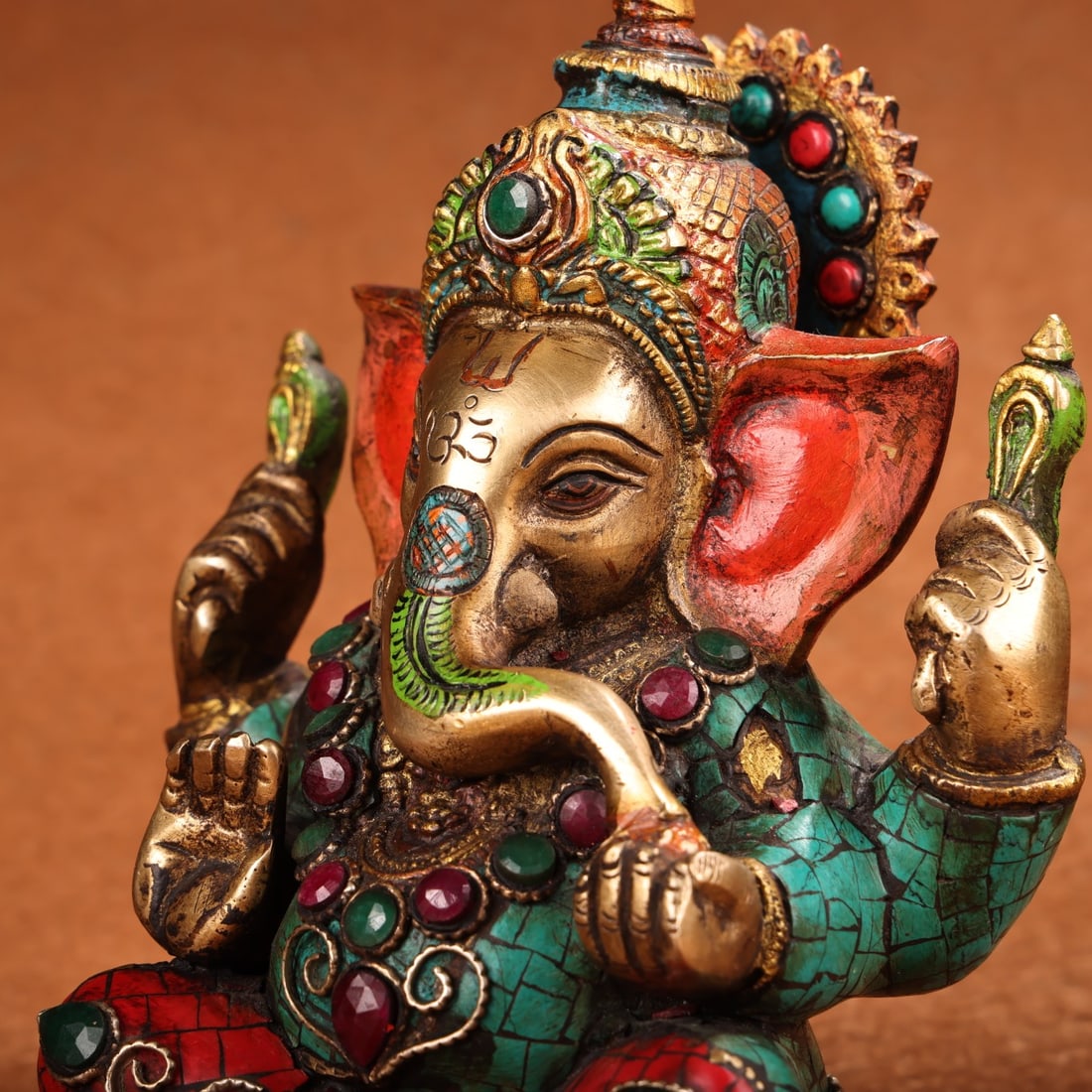 Old Tibetan Gilt Gold Bronze Inlay Turquoise & Gem Ganesha Statue - 4