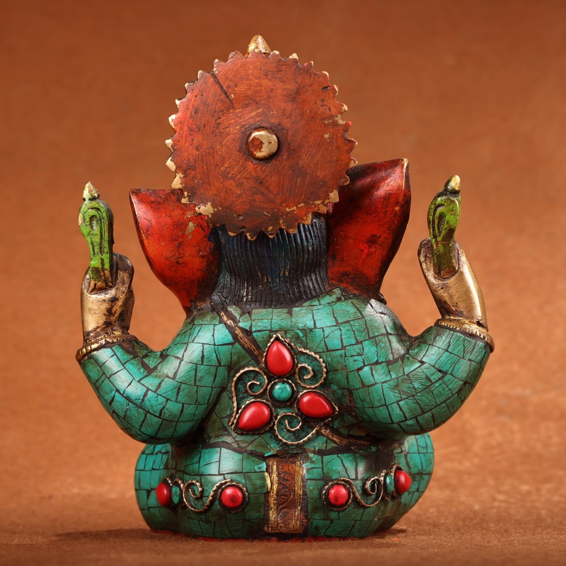 Old Tibetan Gilt Gold Bronze Inlay Turquoise & Gem Ganesha Statue - 5