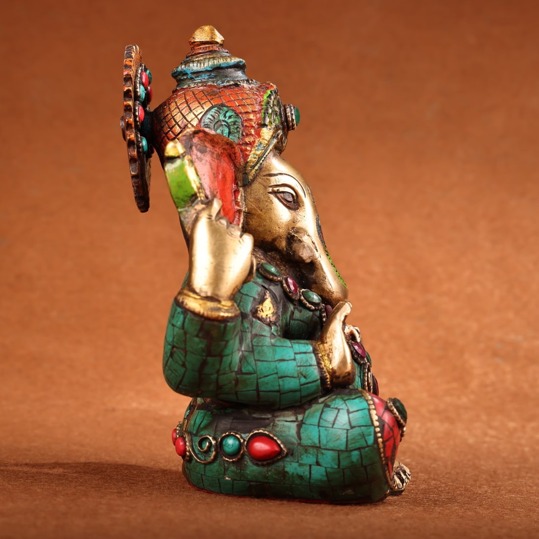 Old Tibetan Gilt Gold Bronze Inlay Turquoise & Gem Ganesha Statue - 6