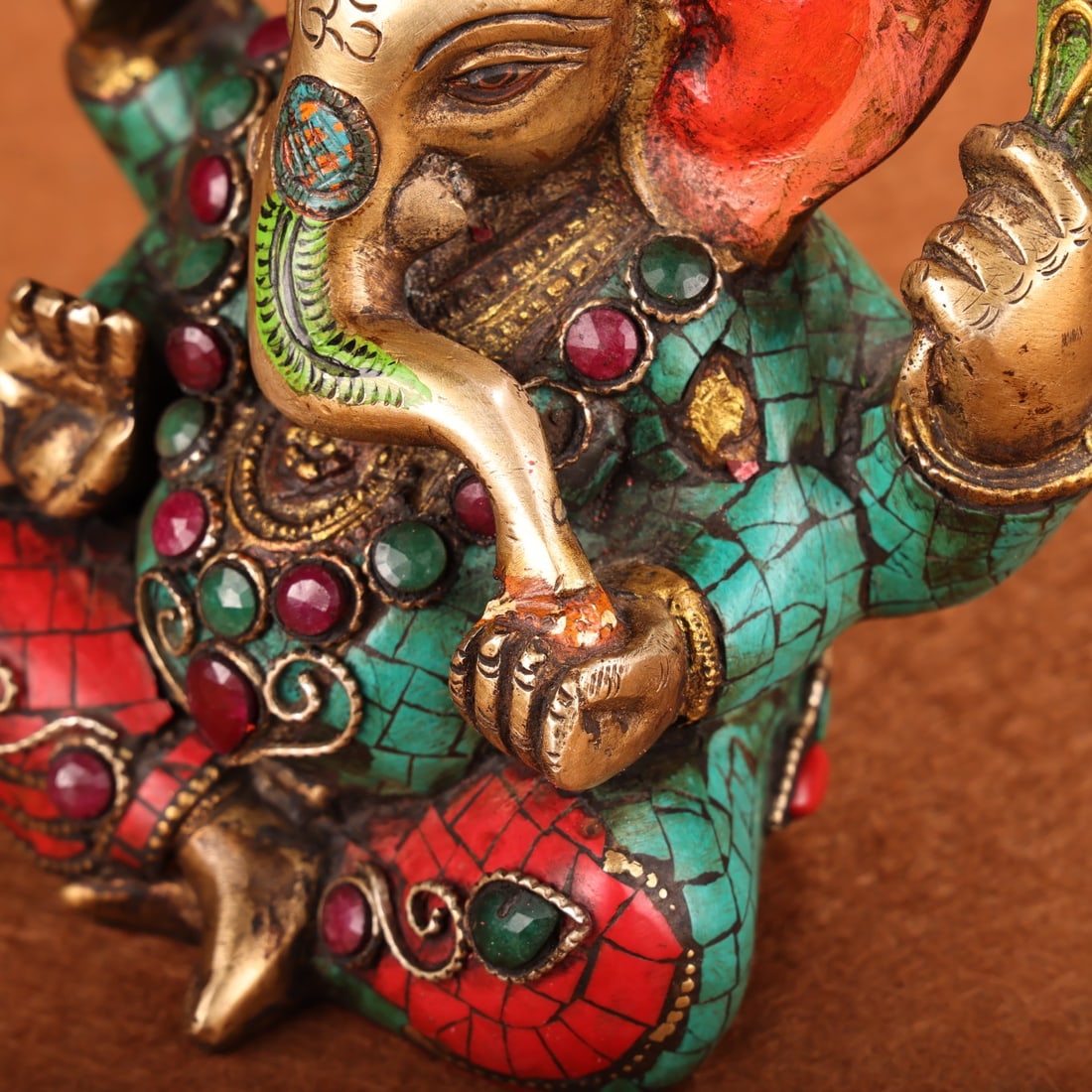 Old Tibetan Gilt Gold Bronze Inlay Turquoise & Gem Ganesha Statue - 7