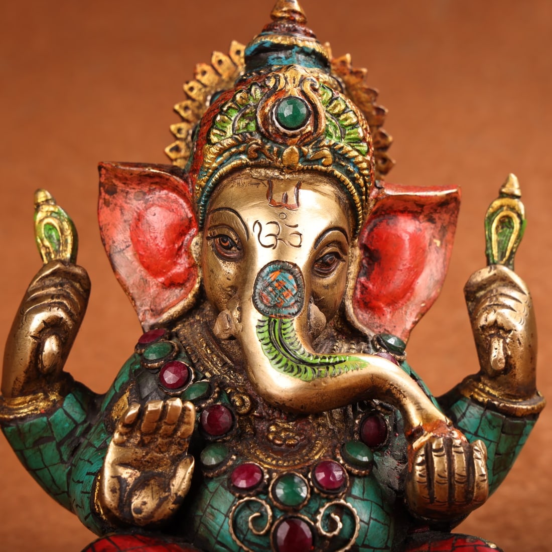 Old Tibetan Gilt Gold Bronze Inlay Turquoise & Gem Ganesha Statue - 9