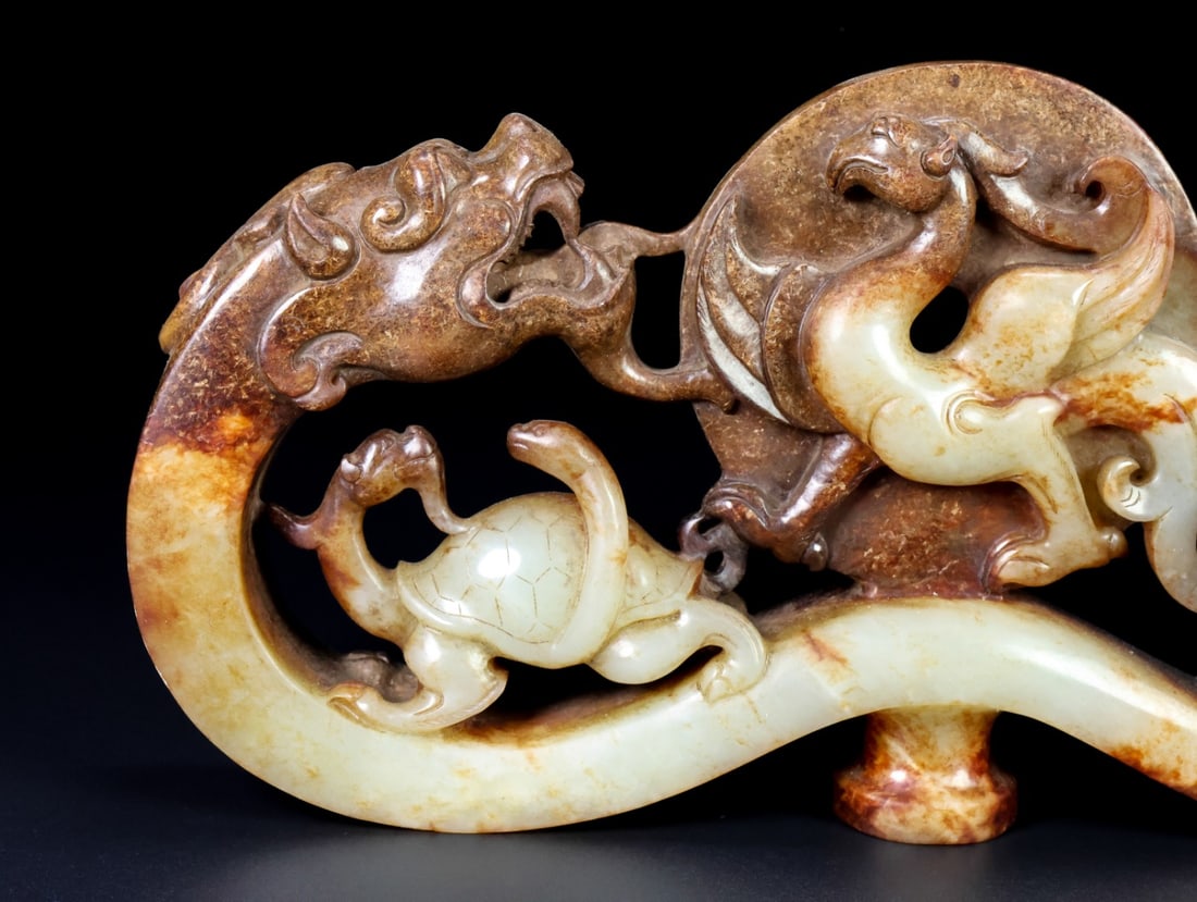 Old Hetian Jade Four Mythology Beast Belt Buckle Statue - 2