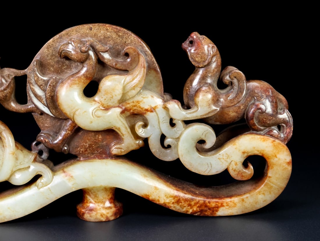 Old Hetian Jade Four Mythology Beast Belt Buckle Statue - 3