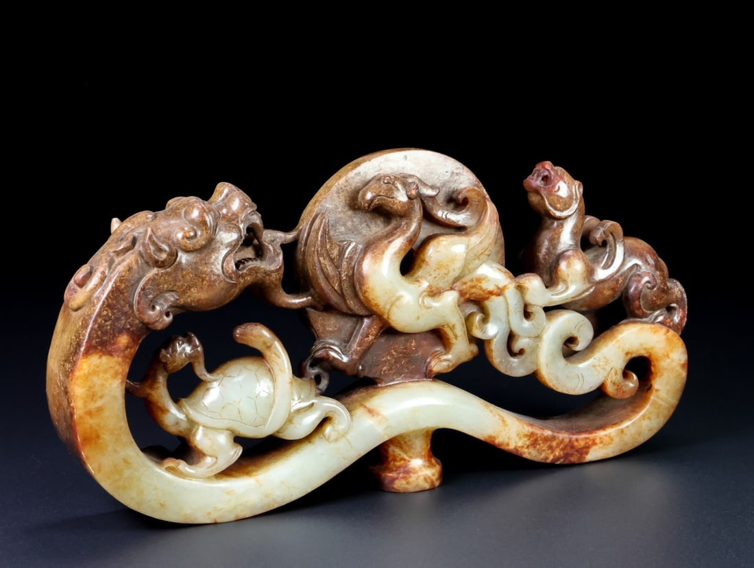 Old Hetian Jade Four Mythology Beast Belt Buckle Statue - 4