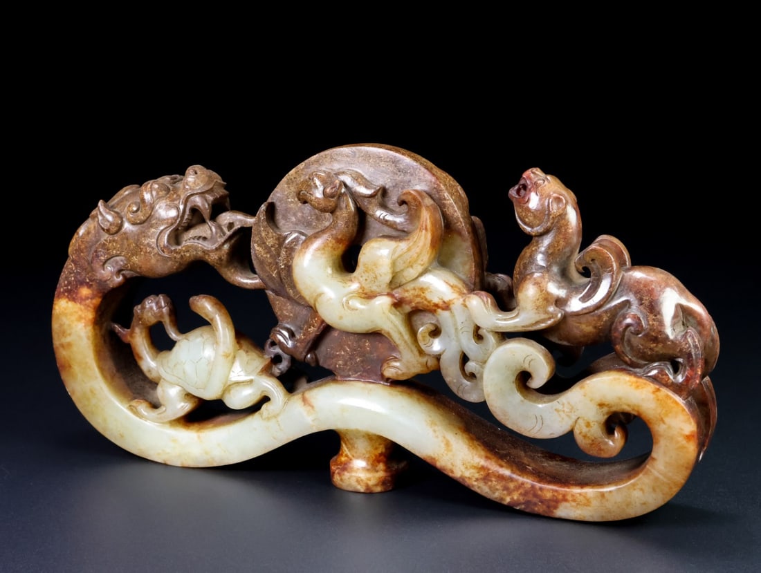 Old Hetian Jade Four Mythology Beast Belt Buckle Statue - 5