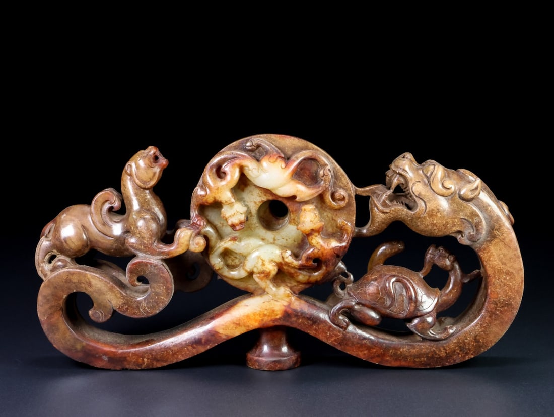 Old Hetian Jade Four Mythology Beast Belt Buckle Statue - 6