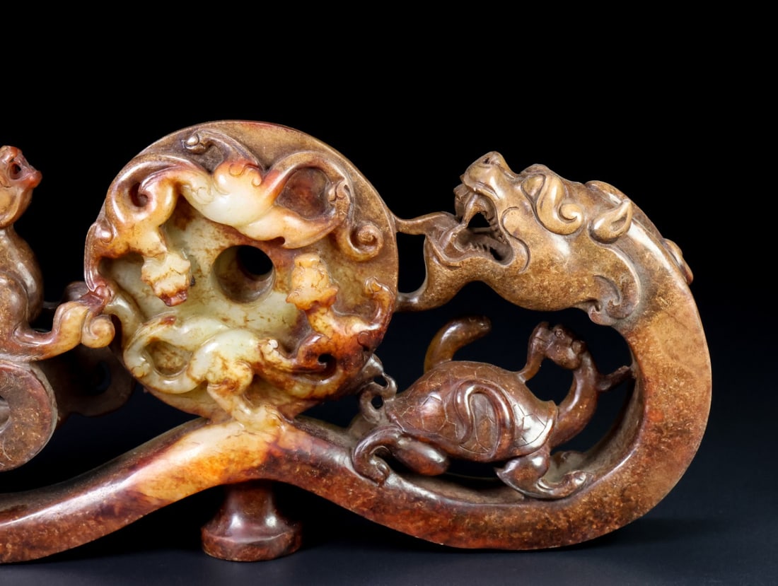 Old Hetian Jade Four Mythology Beast Belt Buckle Statue - 7